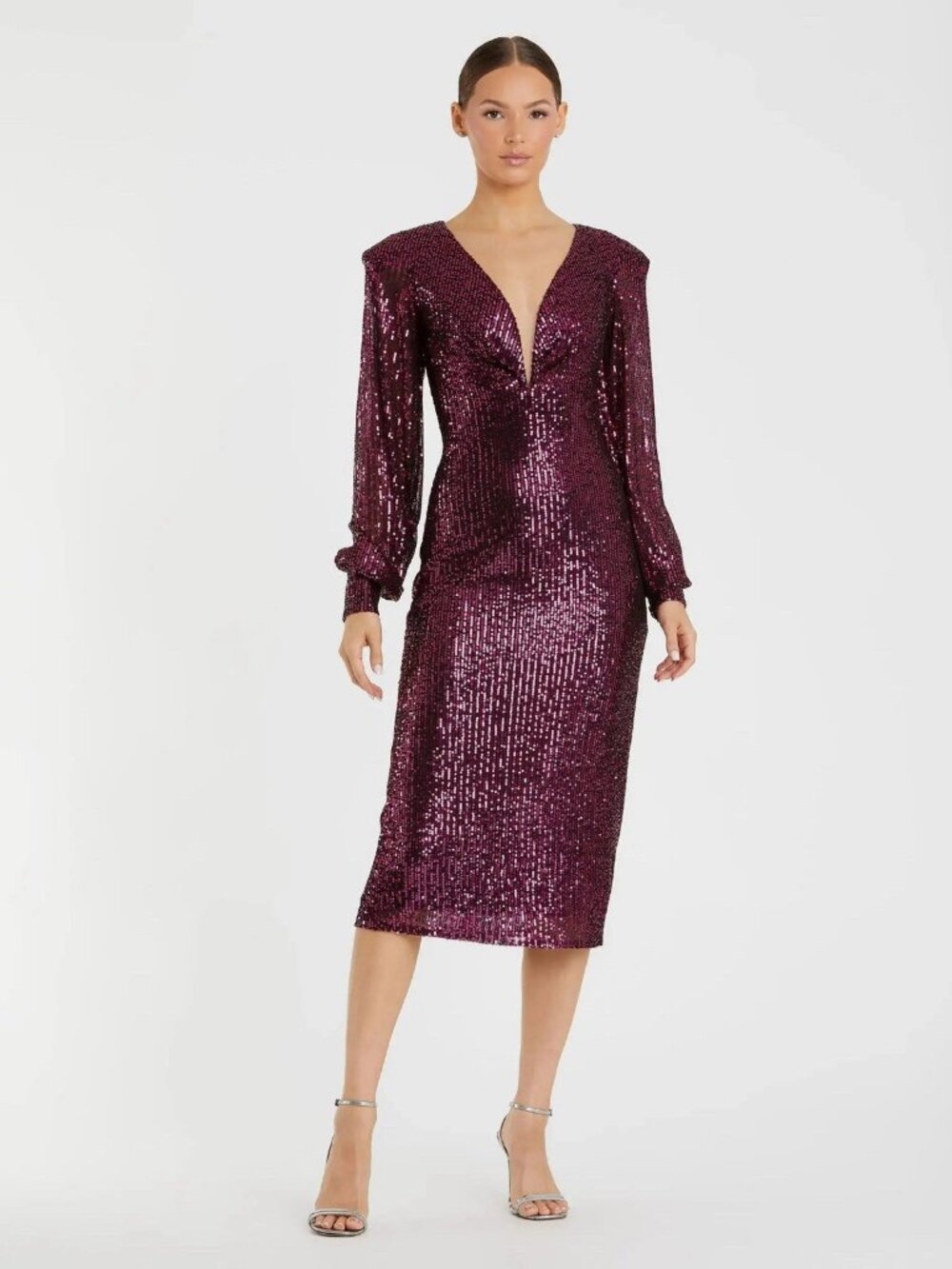 Mac Duggal Plum Sequin Midi Dress